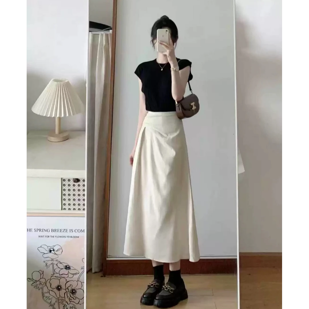 2025夏季新款韩系风甜美肌理感大裙摆显瘦百搭T恤半身裙两件套