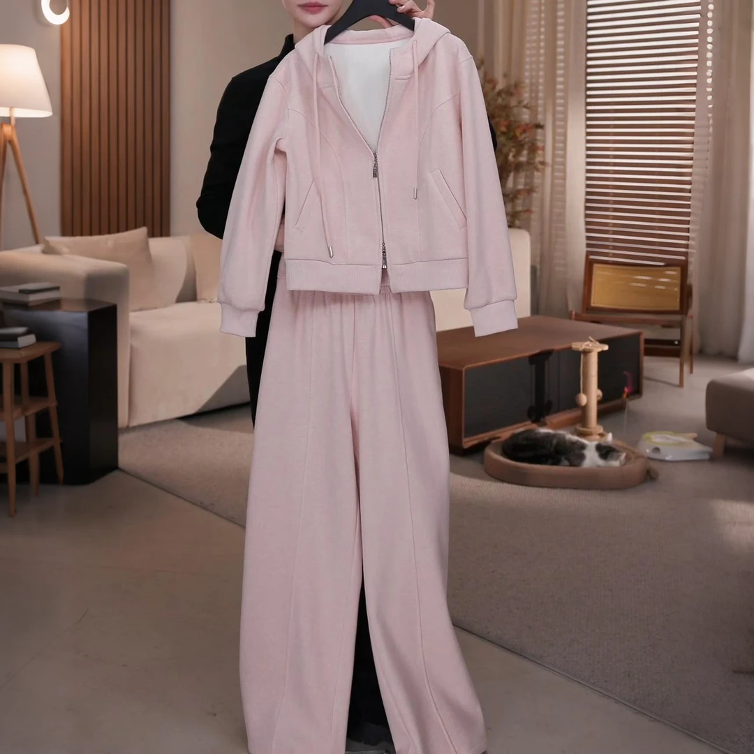 2025超火冬装一整套女高级感粉色连帽卫衣外套休闲裤加绒两件套装