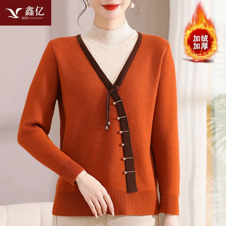 新中式假两件毛衣气质加绒加厚打底中老年冬针织衫半高领妈妈装
