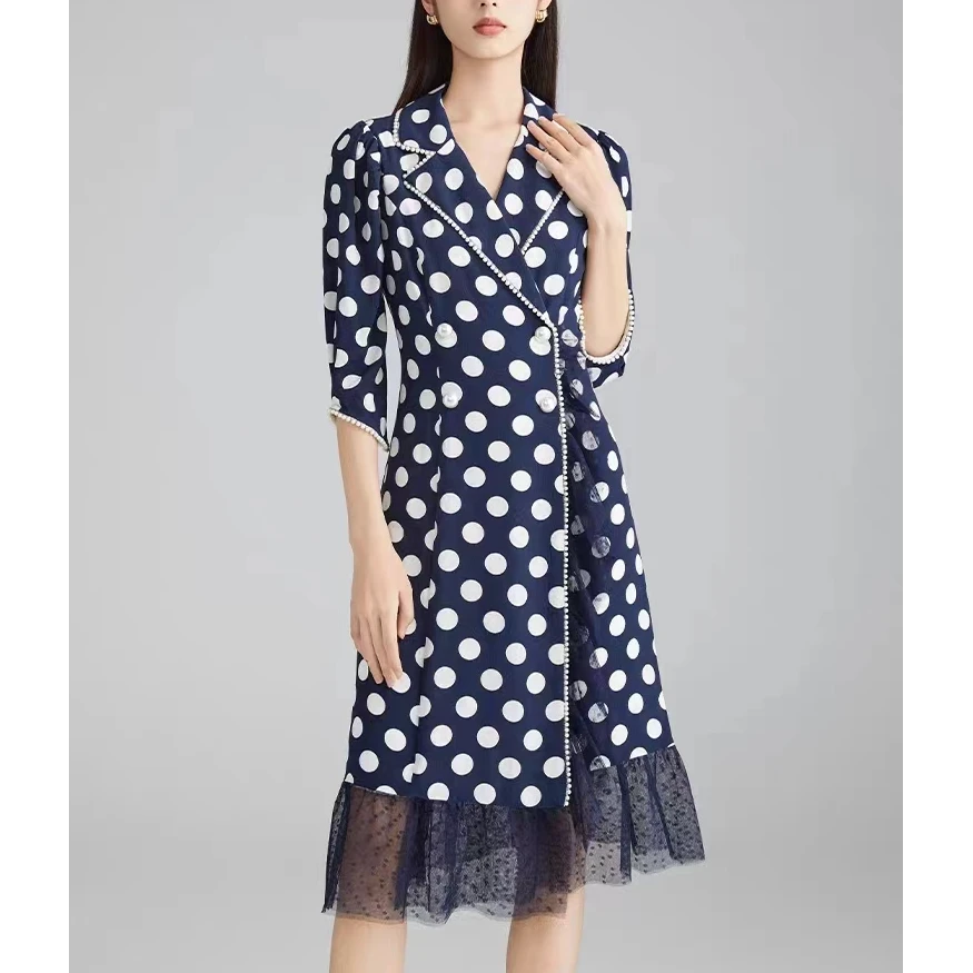 韩国印染波点连衣裙L8262新款法式复古庭苑双排扣珍珠扣订珠款