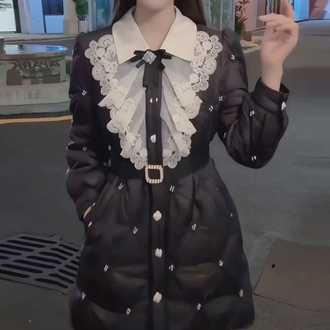 【晨浠定制】新款法式蕾丝领花朵羽绒连衣裙外套8065