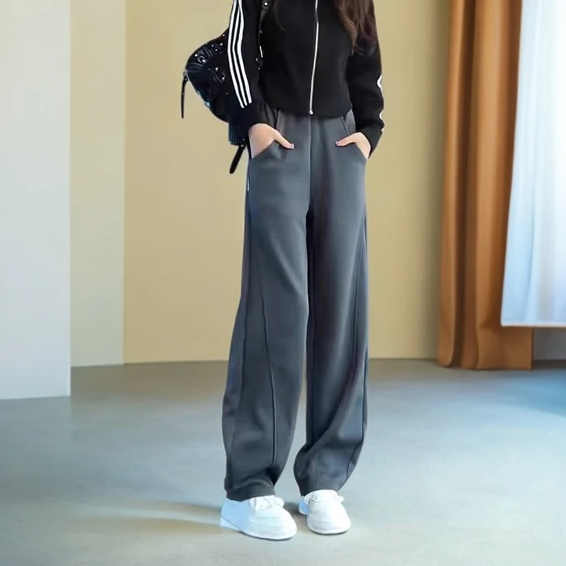 深灰色加绒直筒香蕉裤女春秋2025新款爆款高腰休闲运动休闲卫裤女