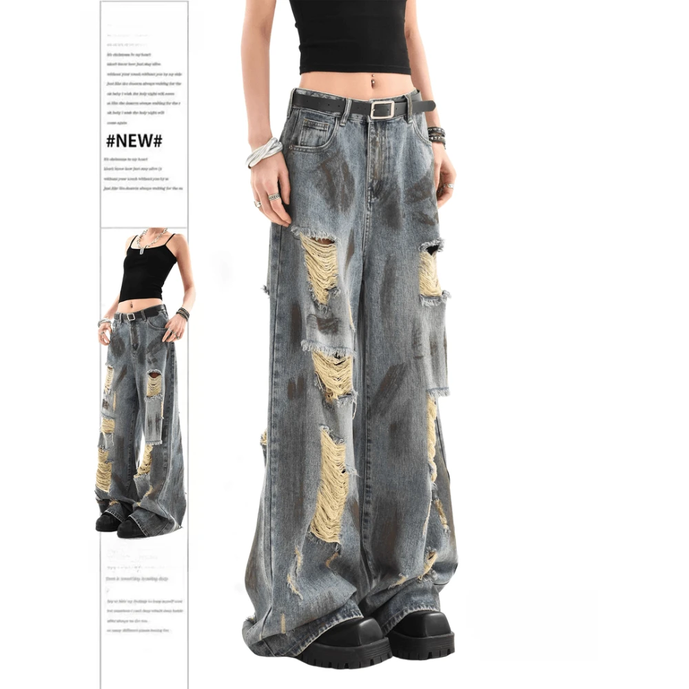 美式做旧脏脏破洞乞丐牛仔裤女2025春夏新款高腰梧桐拖地街头裤子