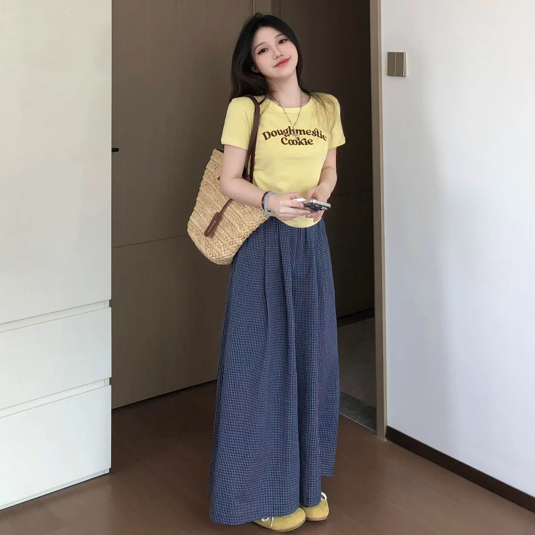 甜美风时尚套装女2025夏季韩系字母印花短袖T恤格子半身裙两件套