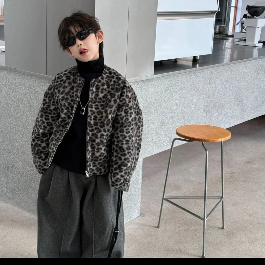 冬季新款韩版男女童夹棉加厚豹纹夹克外套儿童加绒西装裤两件套装