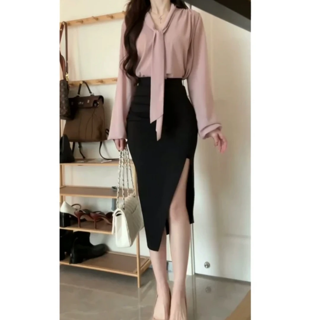 2025春季新款法式气质百搭V领飘带衬衫设计感高腰显瘦开叉半身裙