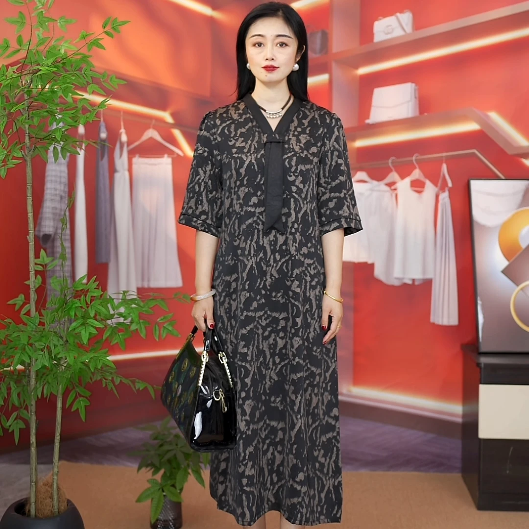 高端夏季围巾领中长款连衣裙遮肉显瘦气质优雅时尚款女装裙子