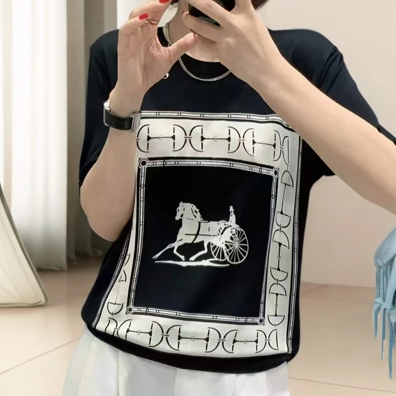 时尚短袖针织衫冰感女夏季2025休闲薄款上衣宽松减龄T恤