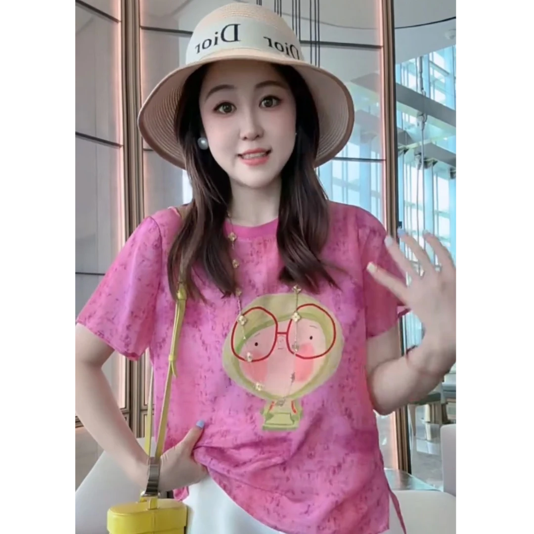 【丝芙玉禄】（F686）100%真丝双绉创意粉色减龄气质桑蚕丝t恤上衣