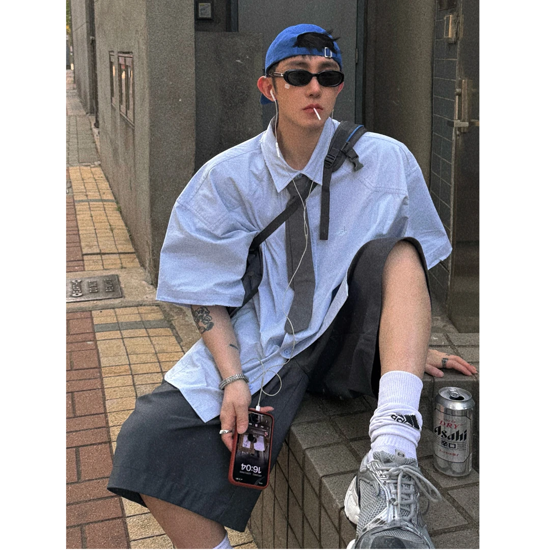 Aurocean 浅浅浅蓝色学院少年短袖衬衫 宽肩廓形磨损大版纯棉衬衣