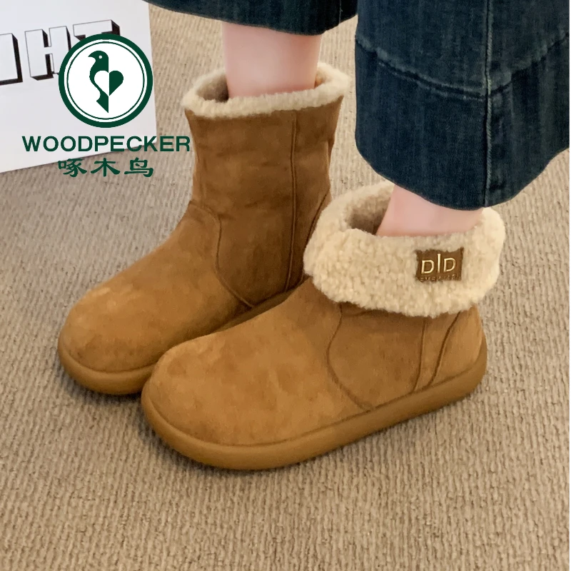 啄木鸟复古加绒雪地靴女2025秋冬新款两穿保暖毛毛勃肯鞋防滑短靴