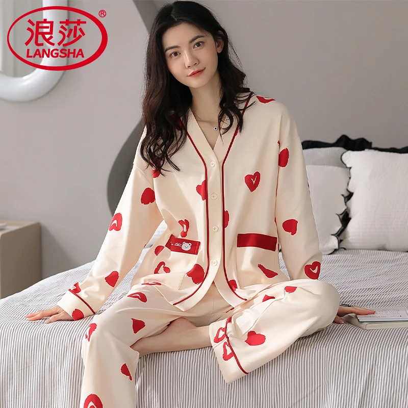 浪莎睡衣女春秋季纯棉2025新款全棉V领和服长袖可外穿家居服套装