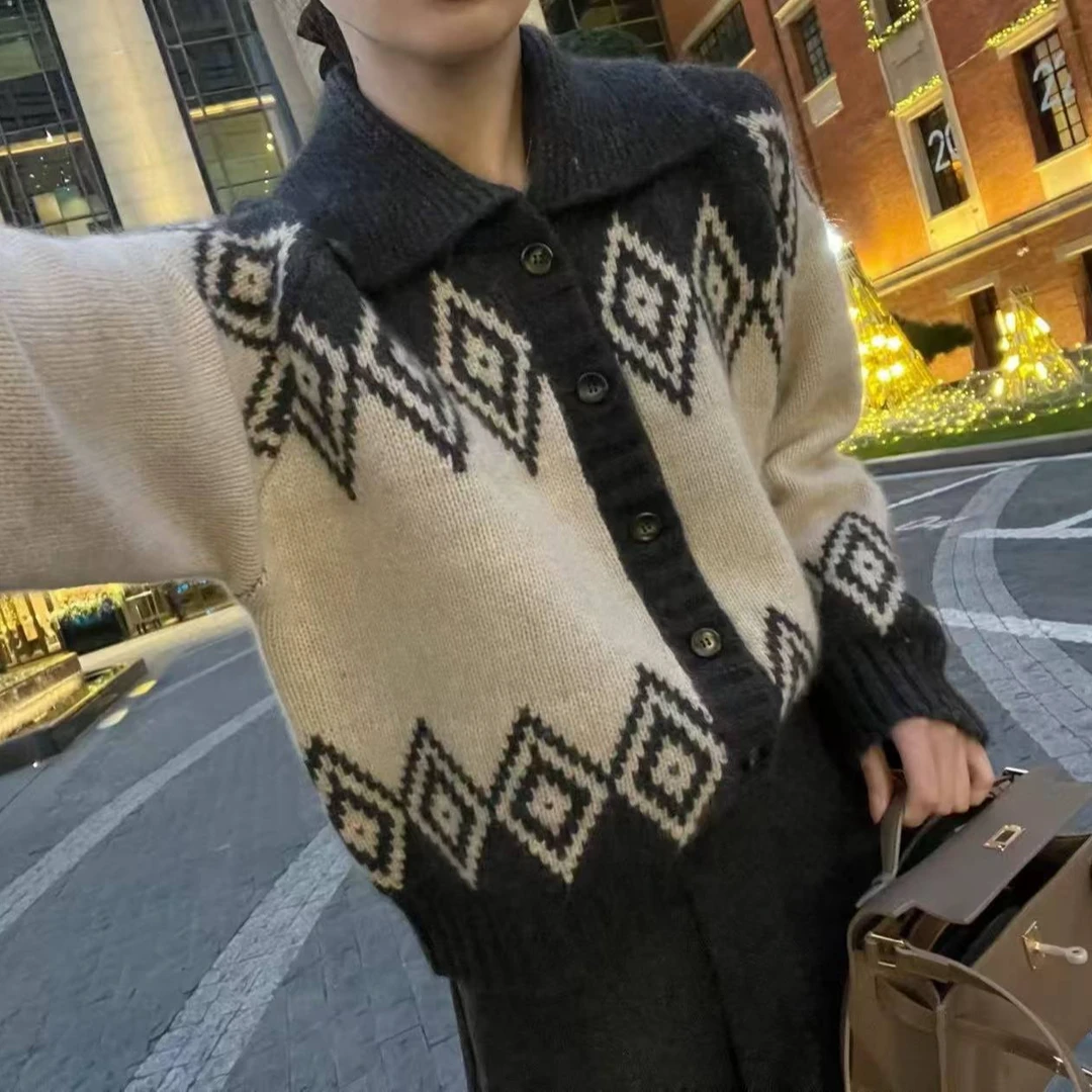 【翻领菱形】秋冬加厚撞色菱形大翻领单排扣针织开衫毛衣潮1176