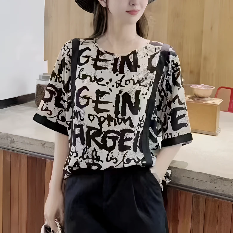 【婉婷服饰】2310圆领袖T恤夏季潮牌时尚百搭休闲女装宽松