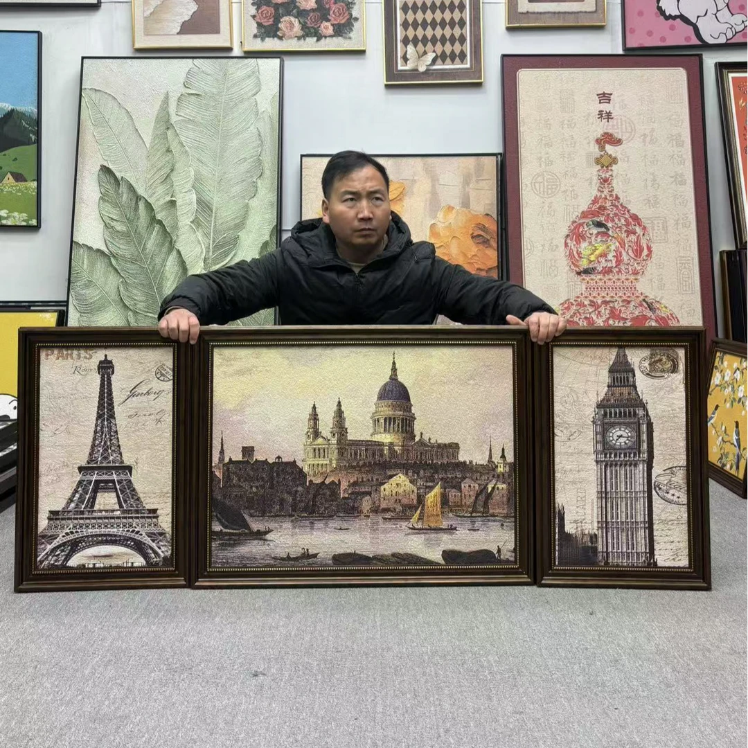 美式挂画欧式三联画客厅沙发背景墙装饰画高级感建筑画60120