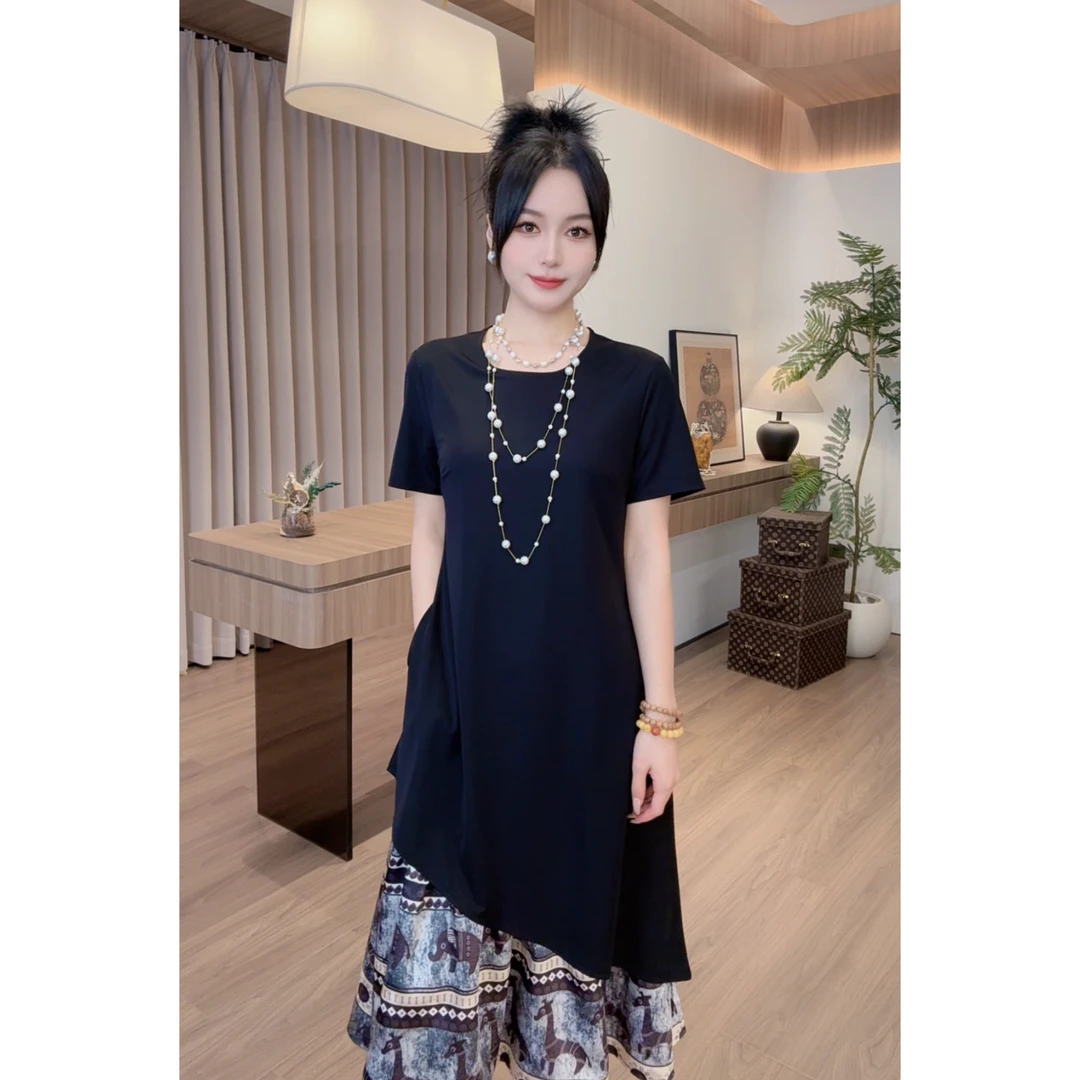 36768 鱼鱼夏季大码拼接中长裙套头连衣裙宽松显瘦复古休闲法式