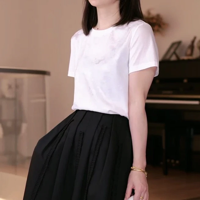 ZM25年新款圆领提花薄款上衣休闲宽松女装时尚百搭T恤87209