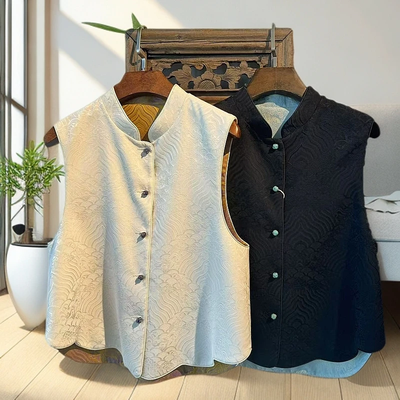 【亿笙】海浪 两色新款优雅温柔国风新中式盘扣双面穿提花马甲