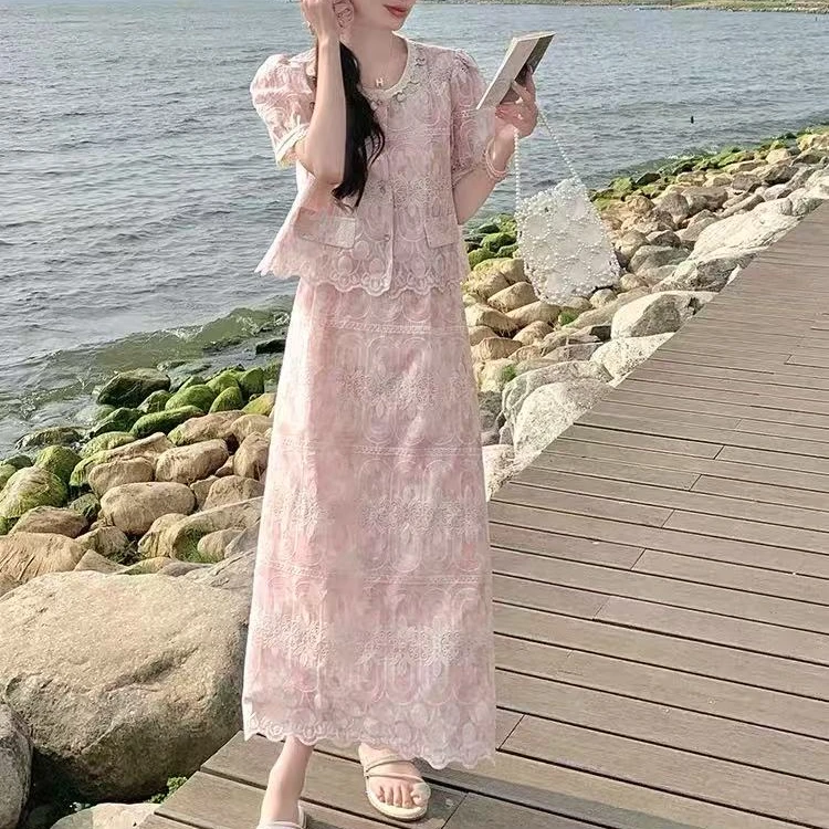 蕾丝刺绣小香风上衣半身裙两件套5B116.(衣长48裙长82).03185