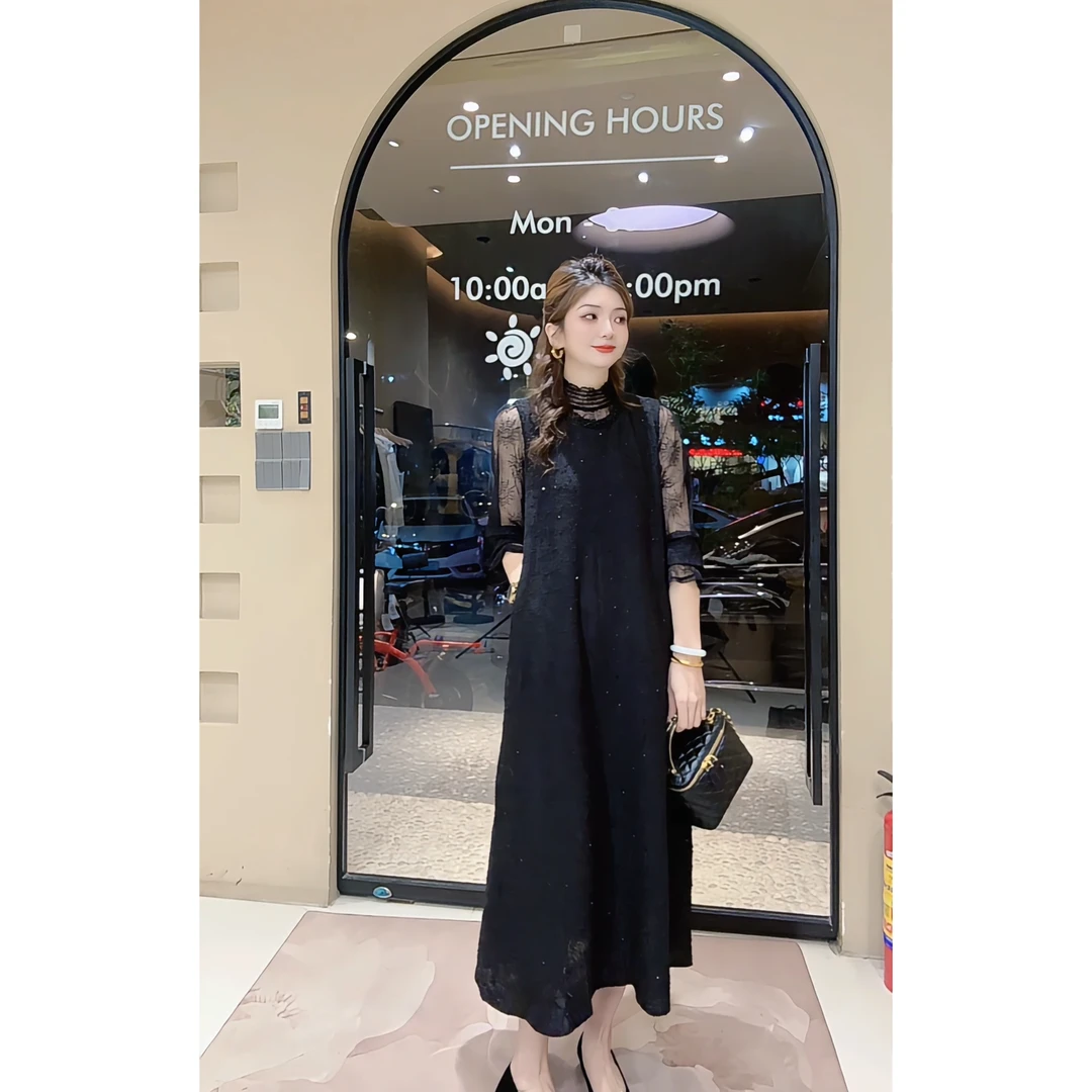 涵儿家 早秋氛围感小香风亮片钉珠背心连衣裙-86155