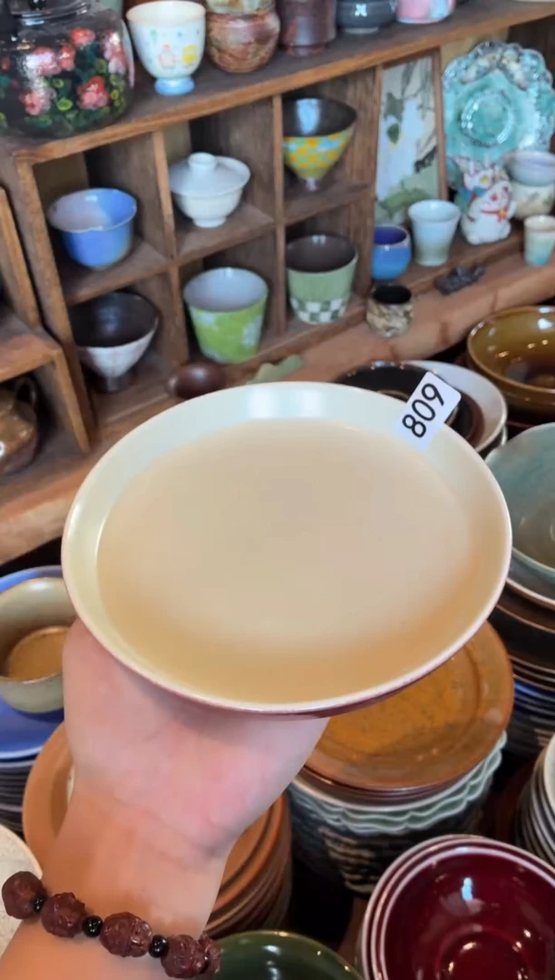 瓷片李****计809微瑕外红内黄立口盘1个