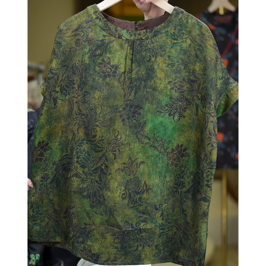 墨绿繁花<<非遗美学>>1373新中式复古印花时尚短袖上衣