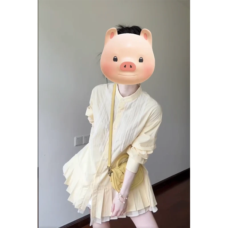 裙子夏天连衣裙立领长袖显瘦百搭小众排扣防晒上衣韩系百褶衬衫裙