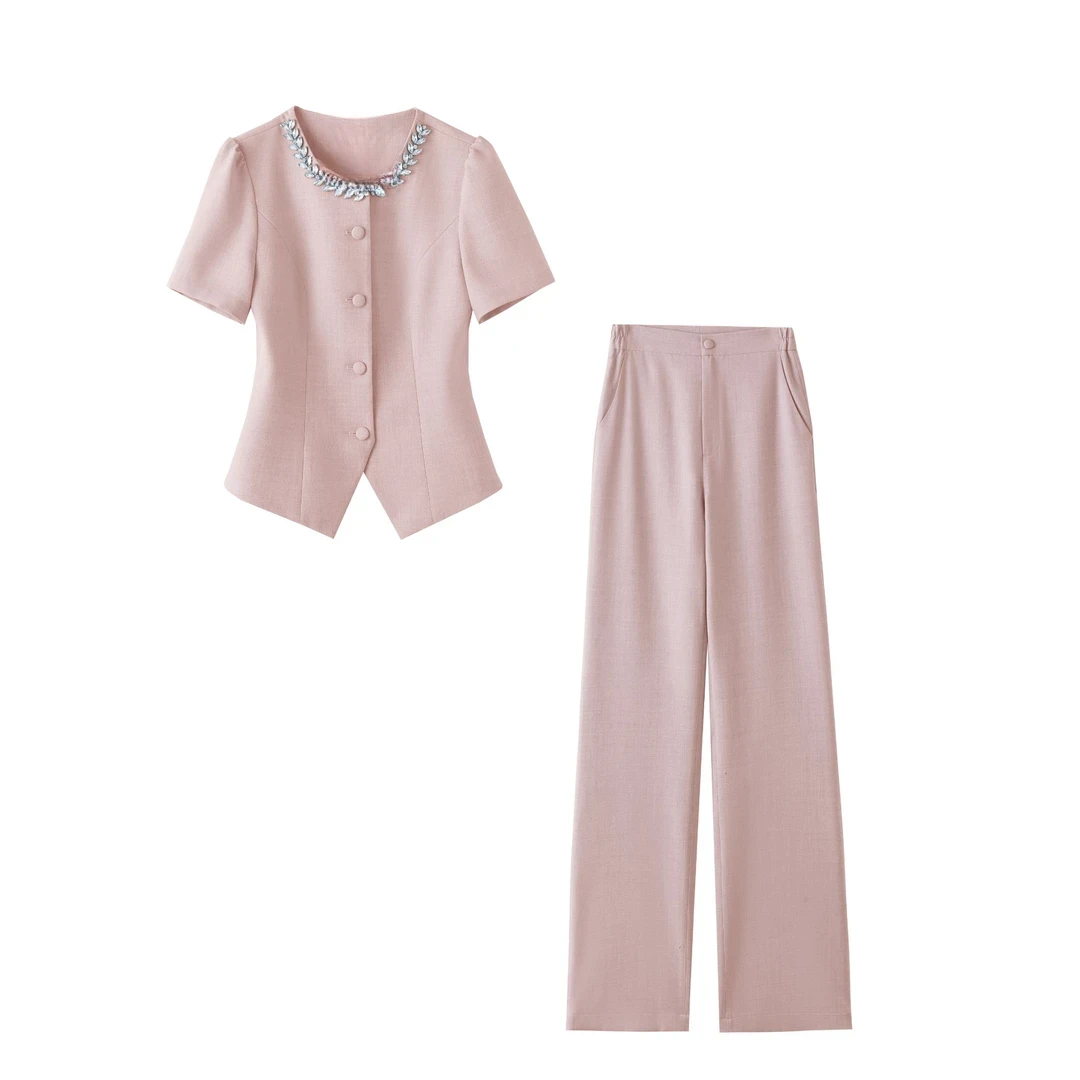 【RG7089】2025夏季法式薄款小香风上衣高级感阔腿裤女两件套
