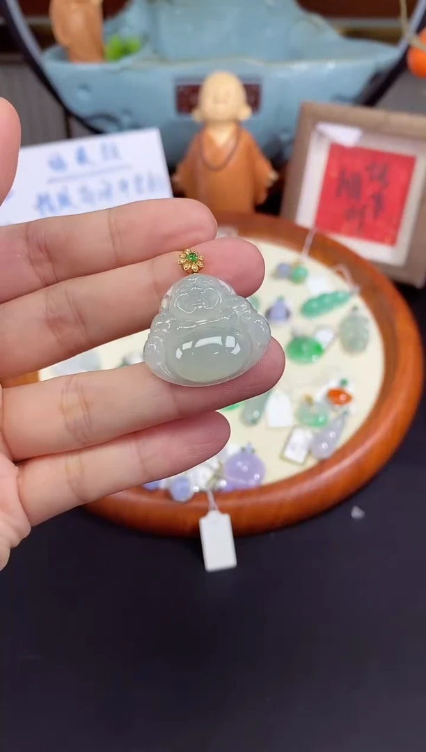 吊坠(不含链)18K金镶嵌翡翠佛公多样性发其一@@CMT