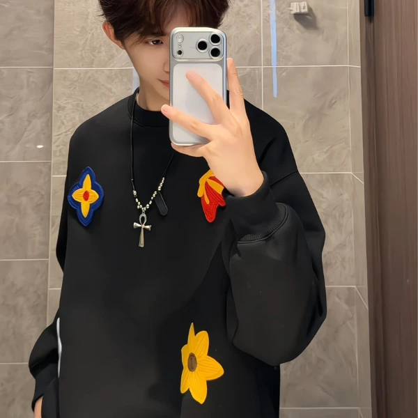 美式花卉刺绣重磅圆领卫衣男潮牌加绒宽松打底衫百搭休闲黑色上衣