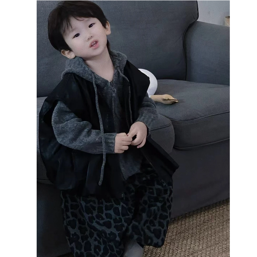 儿童秋季套装2025男童新款韩版百搭坎肩外穿马甲豹纹休闲裤两件套