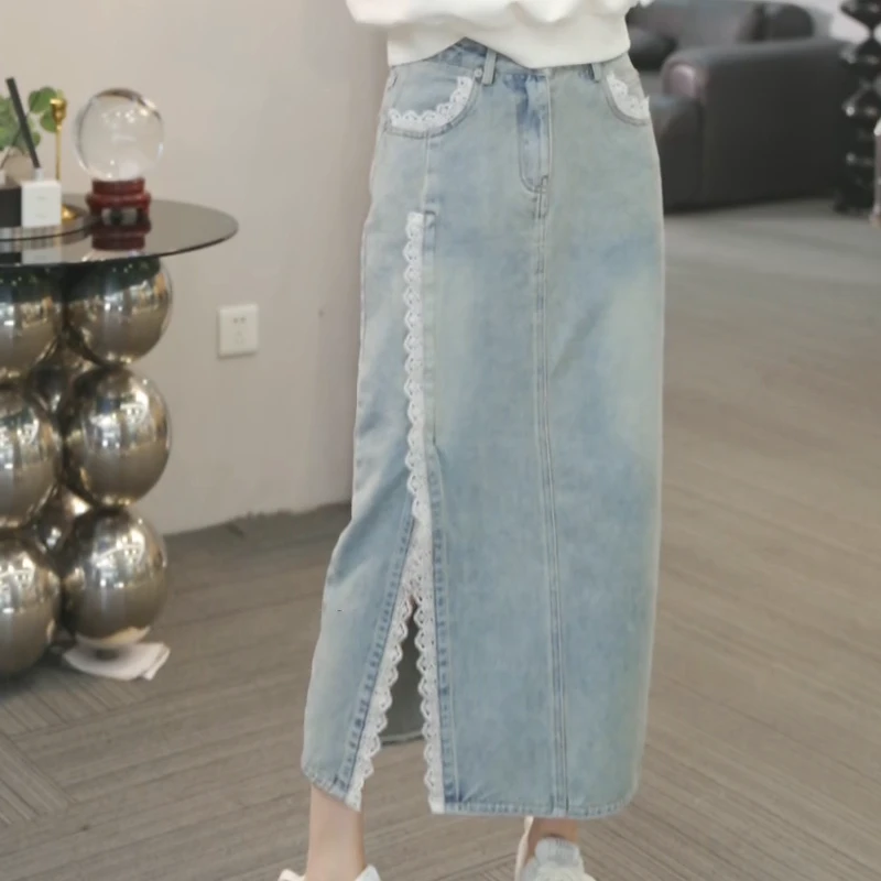 【春深似海】春季新款时尚休闲直筒显瘦蕾丝百搭牛仔裙LK2501636