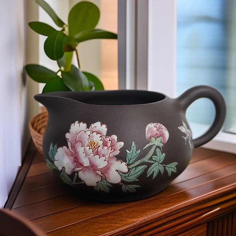 宜兴正宗原矿紫砂黑料泥家用纯手工彩礼绘公道杯