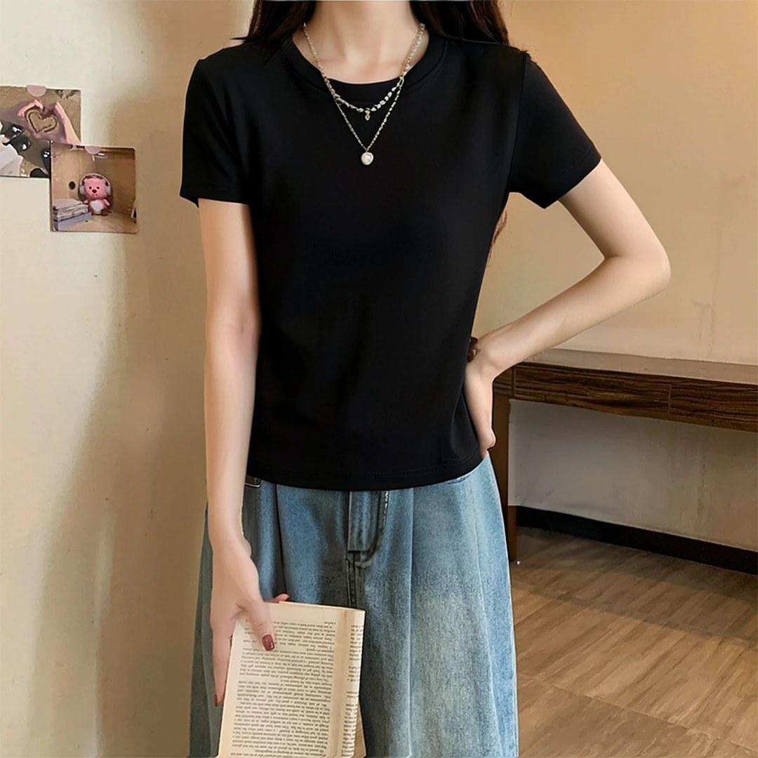 基础款正肩短袖T恤女2025新款气质大码修身显瘦休闲百搭圆领上衣