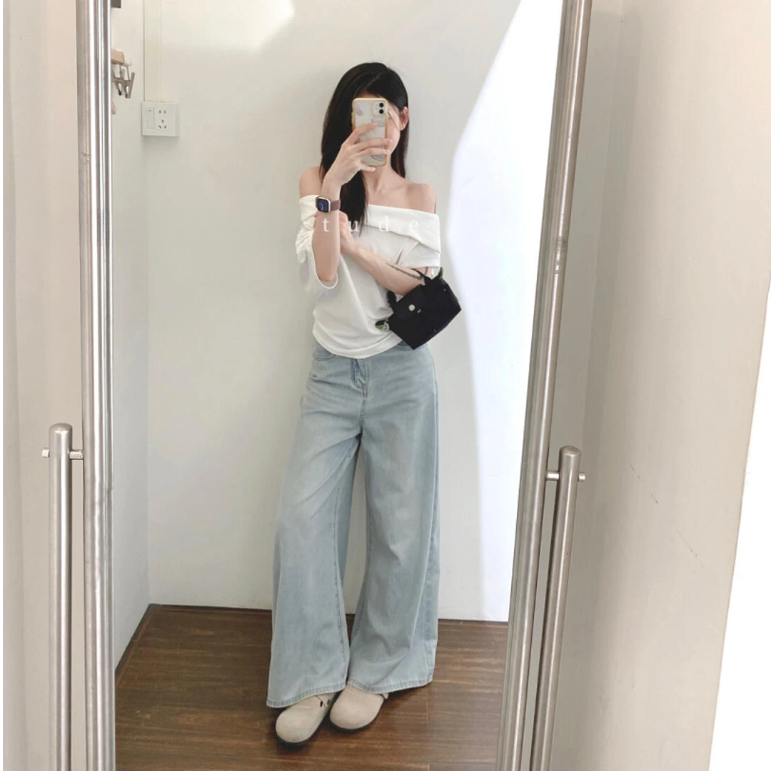 夏季新款网红洋气炸街女装时尚简约上衣百搭修身显瘦牛仔裤套装