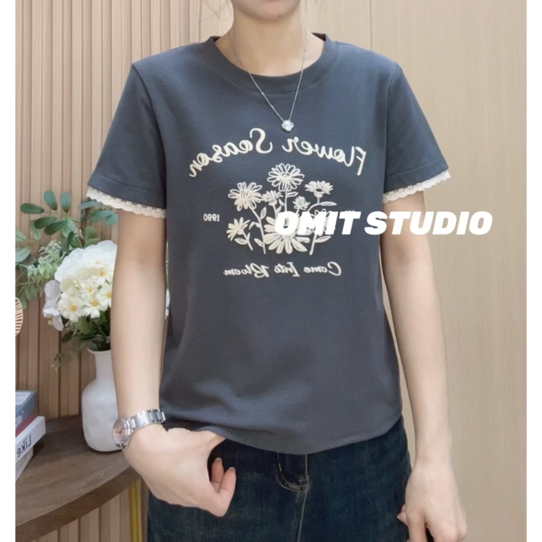 【白花T】新款弹力修身花边植绒工艺春夏棉短袖