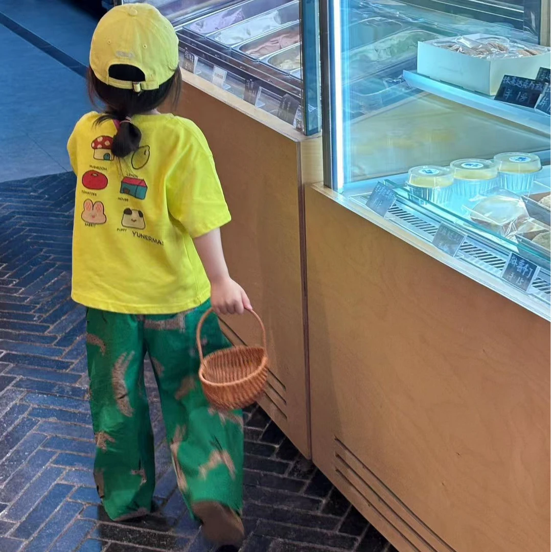 壹妈韩版童装女童2025夏季新款洋气卡通圆领短袖T恤休闲裤套装