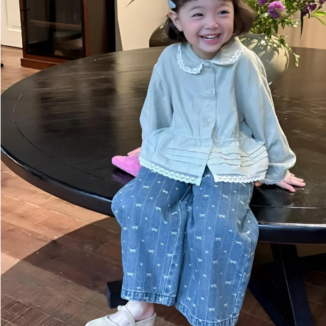 喜呦女童25秋~提花刺绣蝴蝶结直通阔腿牛仔裤