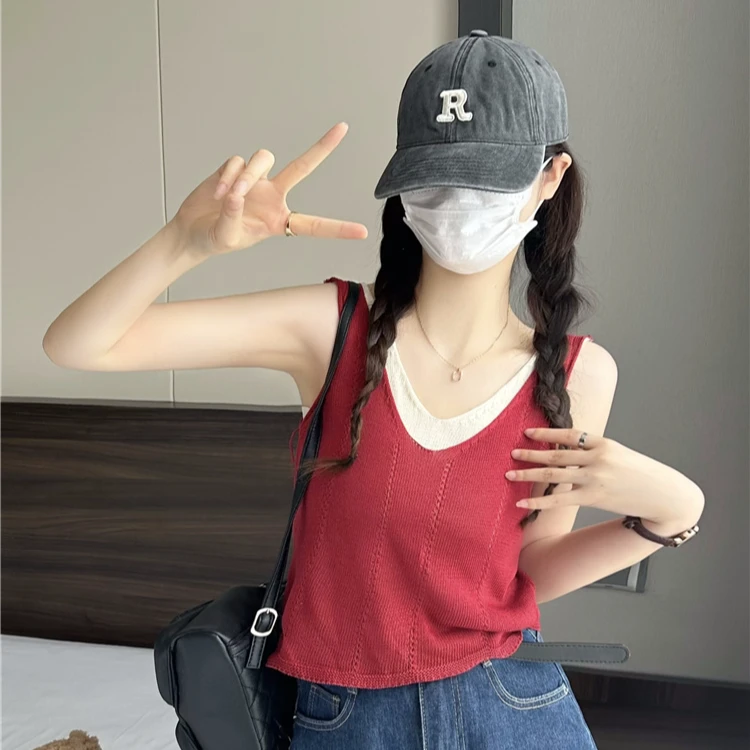 【工厂直销】新款女假两件背心韩版无袖上衣修身撞色设计感针织吊带