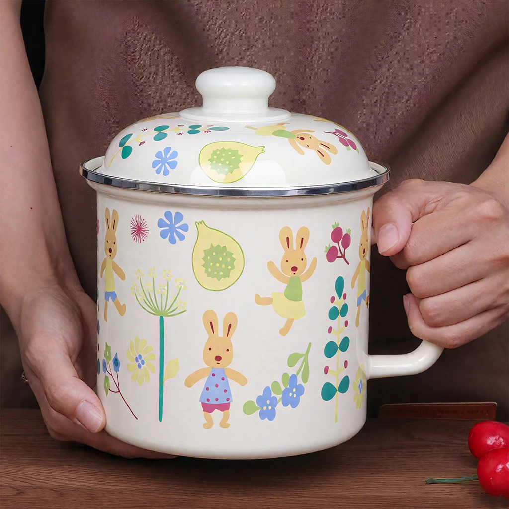 【七喜】16cm特高牛奶杯富贵兰花开心欢乐兔搪瓷快餐泡面杯加高加厚