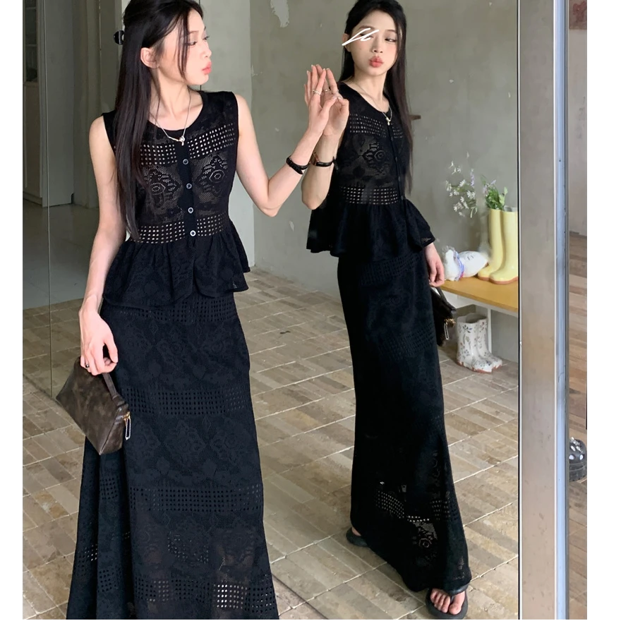 2331赫本风镂空针织无袖套装女2025秋季弹力显瘦上衣半身裙两件套