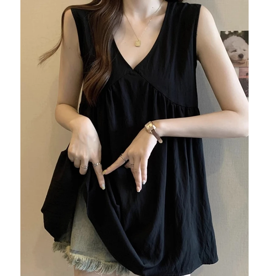 时尚无袖宽松背心黑色T恤夏季韩版薄款外穿通勤设计感V领显瘦上衣