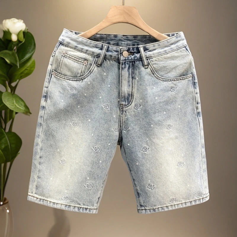 锡芝班拿浅色刺绣牛仔短裤男美式休闲五分裤夏季新款男士薄款中裤