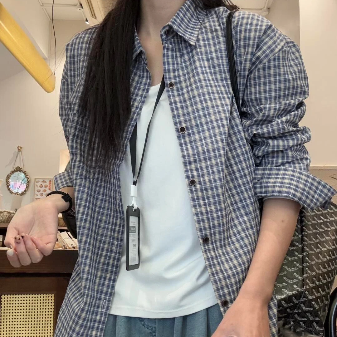 美拉德复古格子撞色长袖衬衫女早春新款设计感小众慵懒风宽松外套