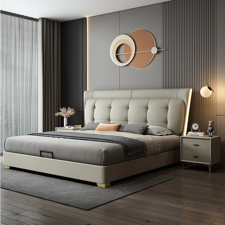 意式轻奢床双人床婚床极简皮艺床简约家用储物主卧室双人床大床