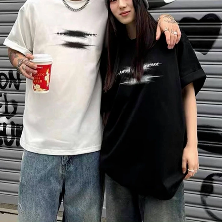 美式复古百搭抽象印花领口短袖t恤男女潮流夏季宽松情侣款