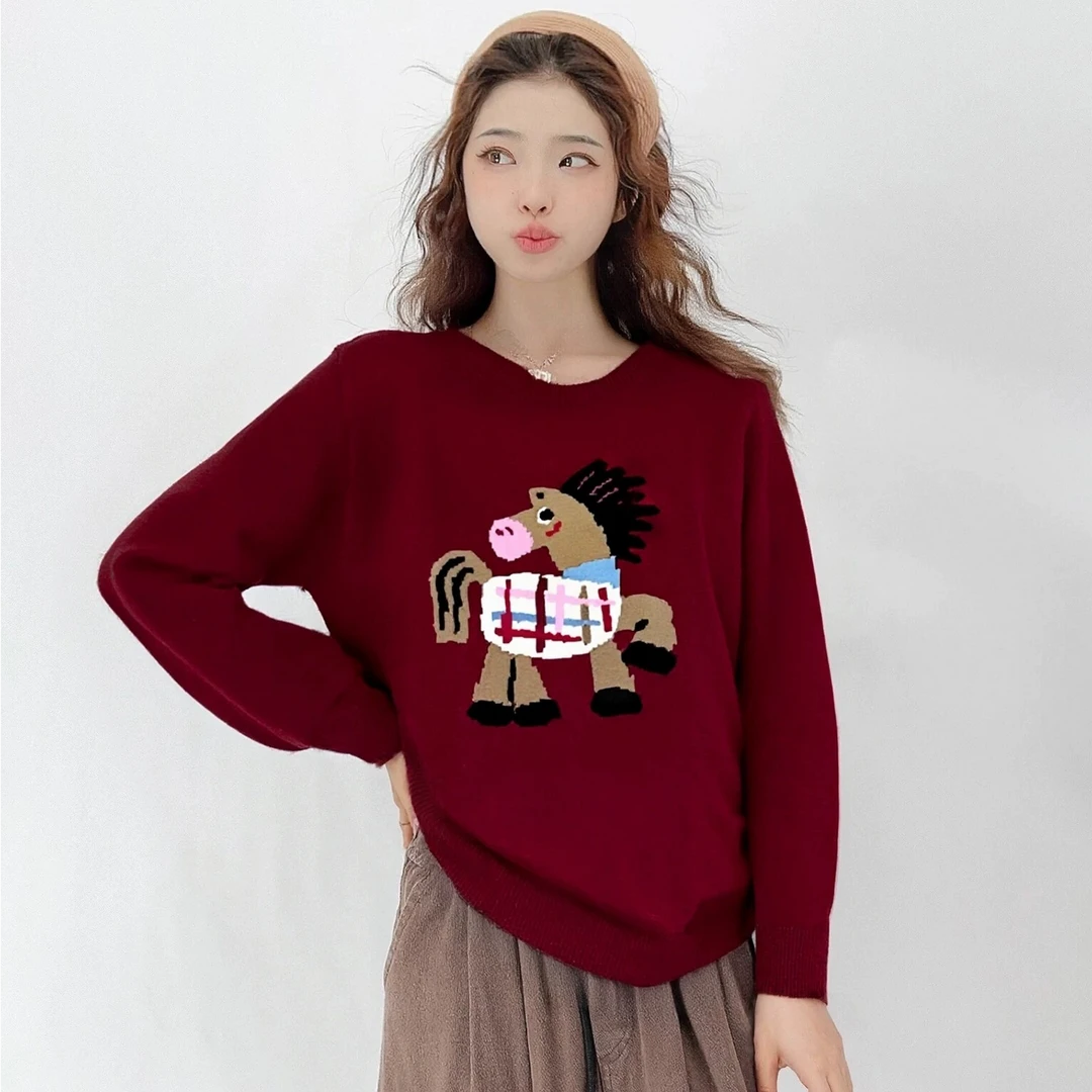 【胜华优选】马年来到！新年~圣诞~圆领小马提花针织衫23688