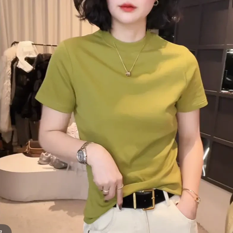 2025早春新款素色女士休闲打底宽松圆领薄款半袖大码百搭T恤