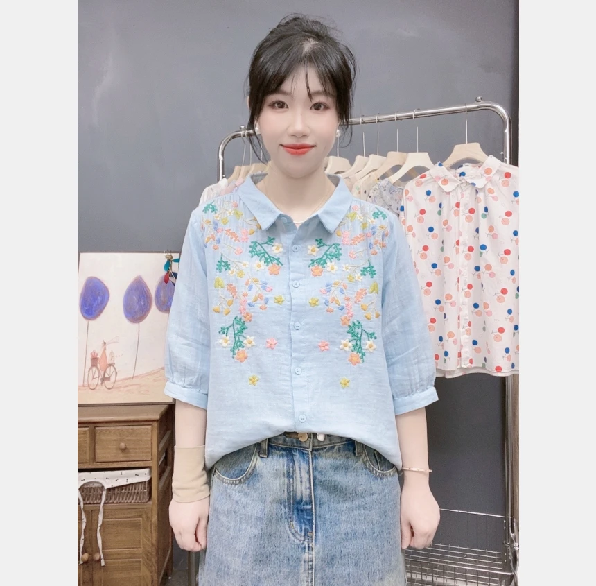 沫沫  原创设计文艺复古小清新刺绣花卉双层棉纱中袖衬衫衬衣女