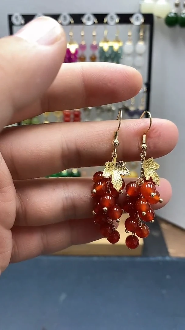 银S925镀金镶嵌南红玛瑙耳饰尺寸6mm葡萄01